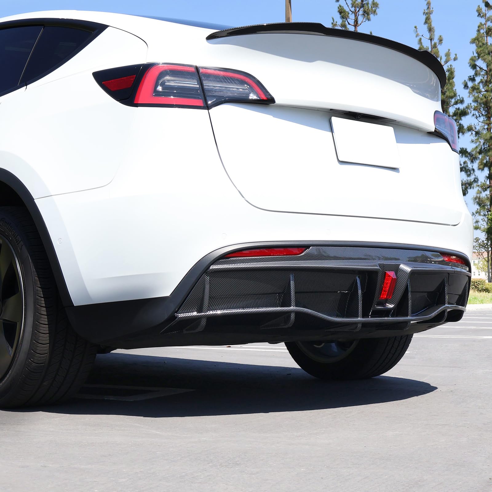 FREEMOTOR802 Rear Diffuser with LED Light Fits 2020-2024 Tesla Model Y, Add-on Carbon Fiber Print PP IKON Style Rear Bumper Molding Protector Lip with LED Lamp