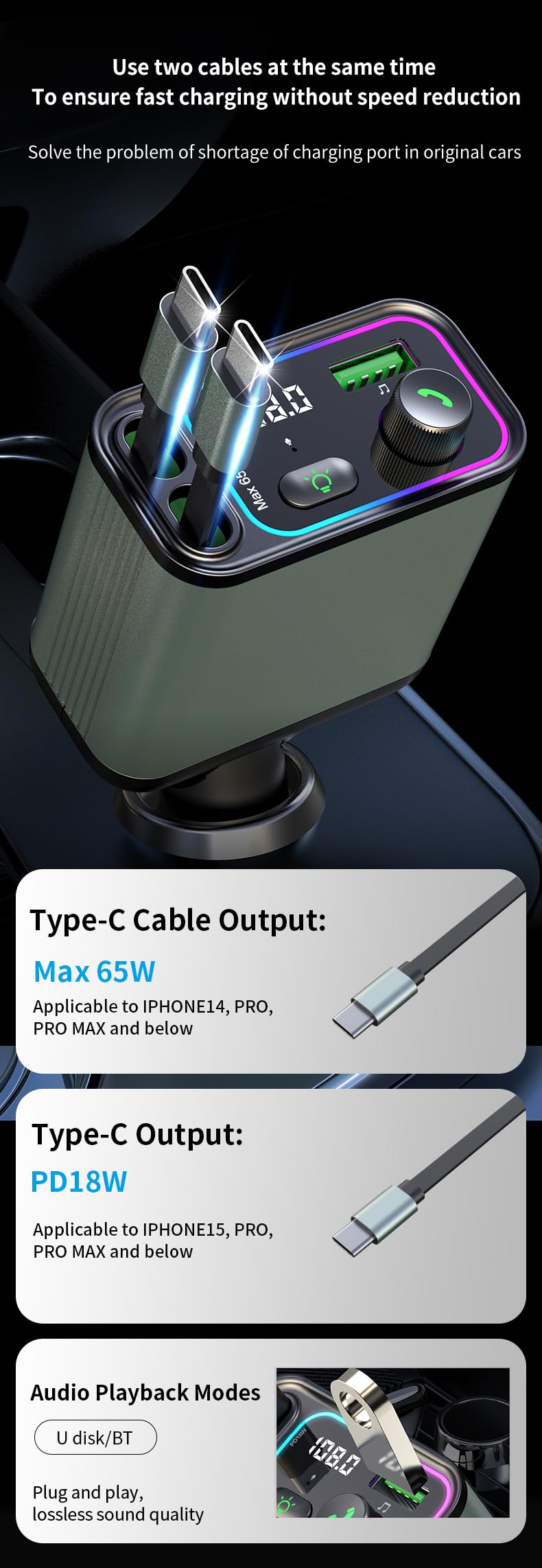 GXY KIT 3 in 1 Retractable Car Charger Adapter & FM Transmitter Bluetooth Mp3 Player- Max 65W + 18W with 2 PD Fast Charging,2 Retractable Cables & USB-A Music Playback for iPhone,iPad,Samsung,Pixel