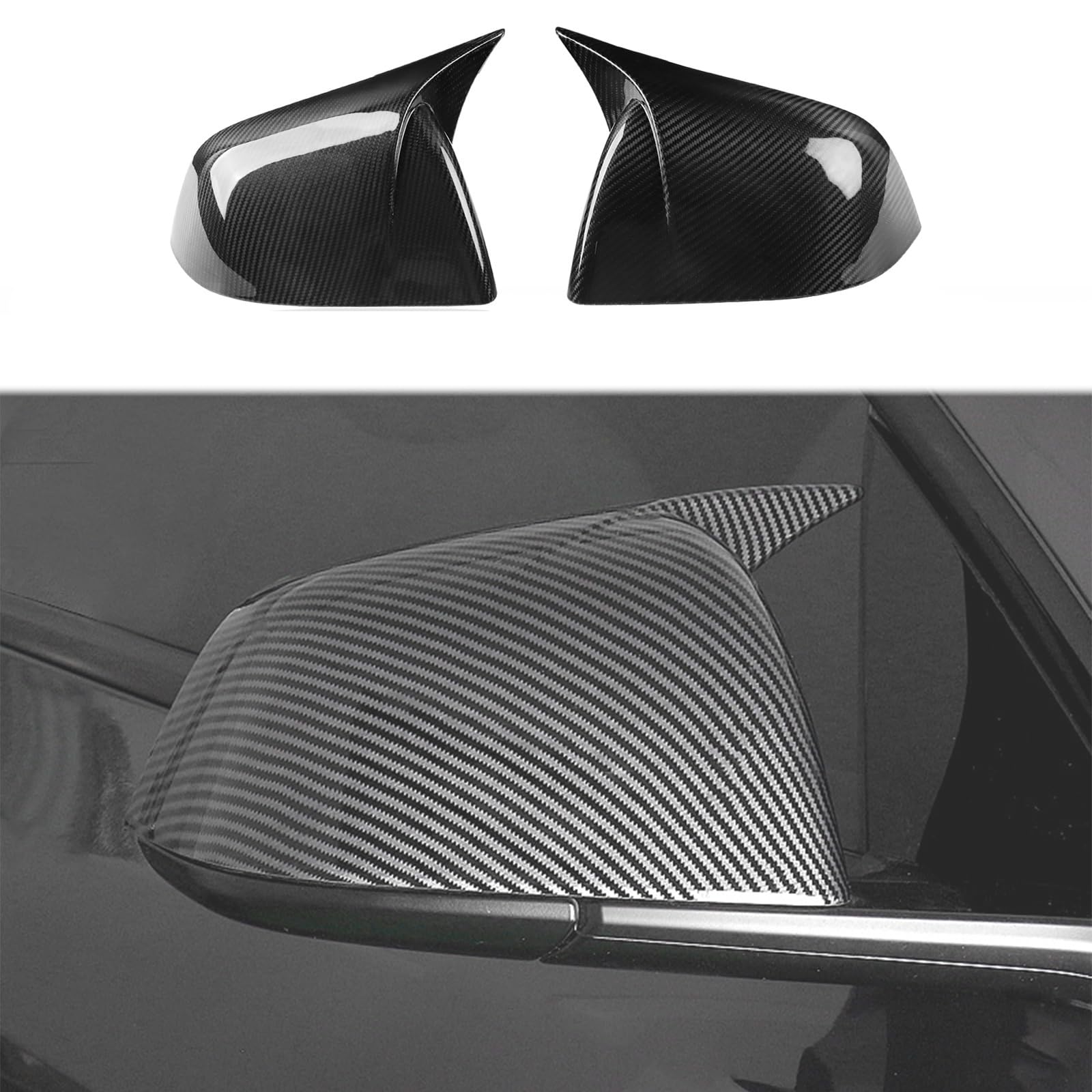 BoxCheer 2 Pieces Rearview Mirror Covers suitable for Tesla Model Y 2020-2024 Anti-Scratch Car Rearview Mirror Frame Replacement Decoration Sports Accessories - with horns carbon fiber