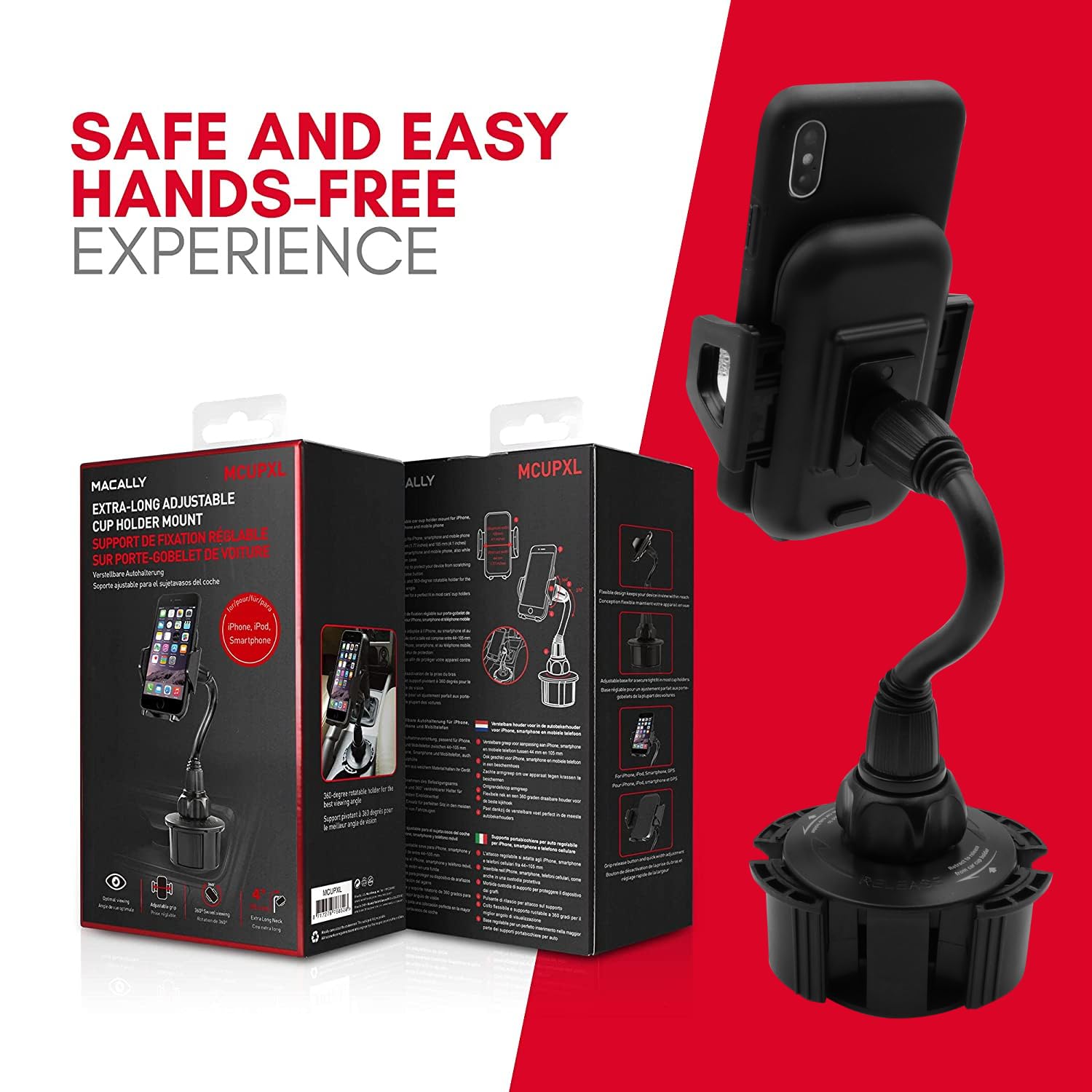 Macally Car Cup Holder Phone Mount - Securely Holds Phones up to 4.1” Wide - Flexible Gooseneck & 360° Rotatable Cradle