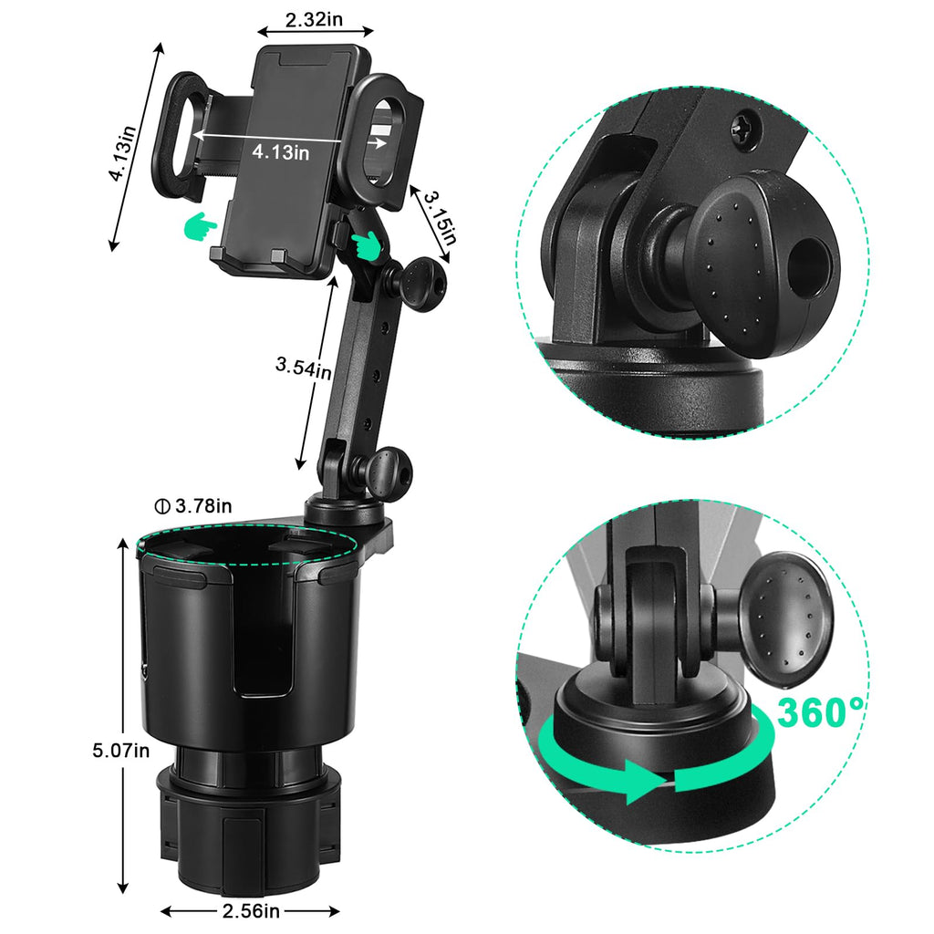 This Hill Car Cup Holder Expander Adjustable Base with Phone Mount 360° Rotation Cup Holder Cell Phone Holder for Car Compatible with iPhone All Smartphones