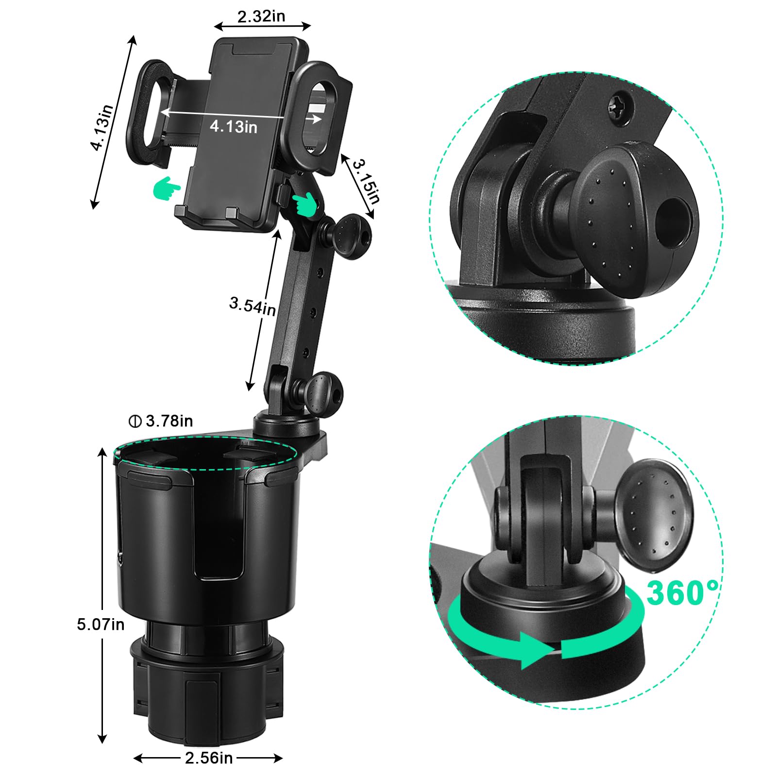 This Hill Car Cup Holder Expander Adjustable Base with Phone Mount 360° Rotation Cup Holder Cell Phone Holder for Car Compatible with iPhone All Smartphones