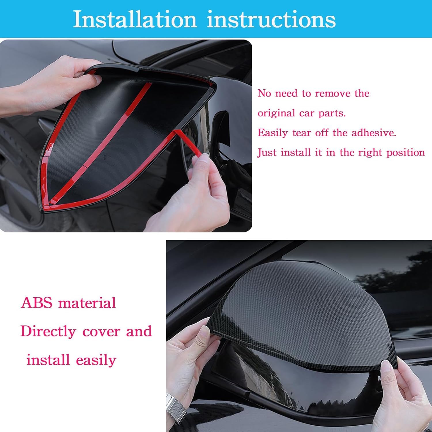 BoxCheer 2 Pieces Rearview Mirror Covers suitable for Tesla Model Y 2020-2024 Anti-Scratch Car Rearview Mirror Frame Replacement Decoration Sports Accessories - with horns carbon fiber