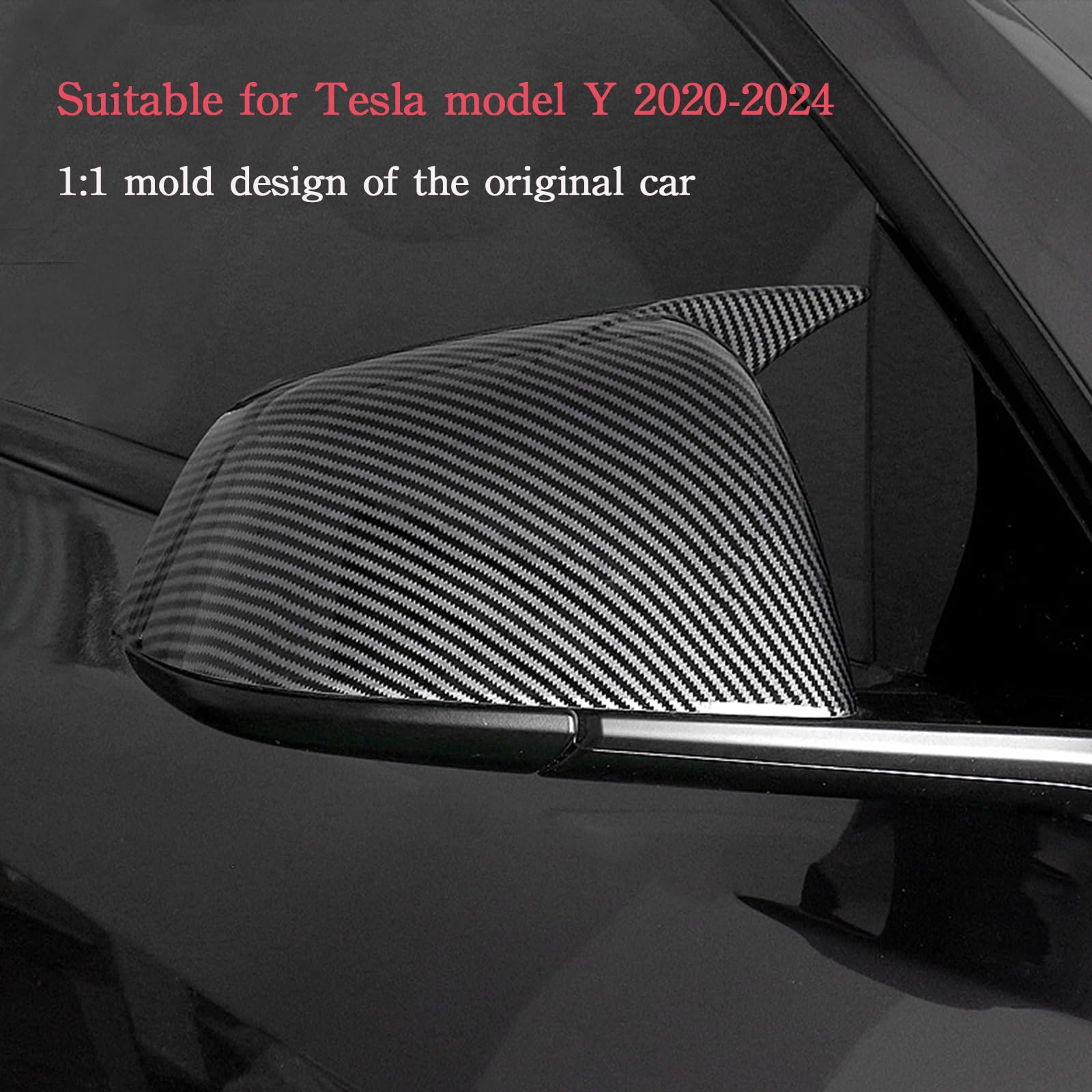 BoxCheer 2 Pieces Rearview Mirror Covers suitable for Tesla Model Y 2020-2024 Anti-Scratch Car Rearview Mirror Frame Replacement Decoration Sports Accessories - with horns carbon fiber