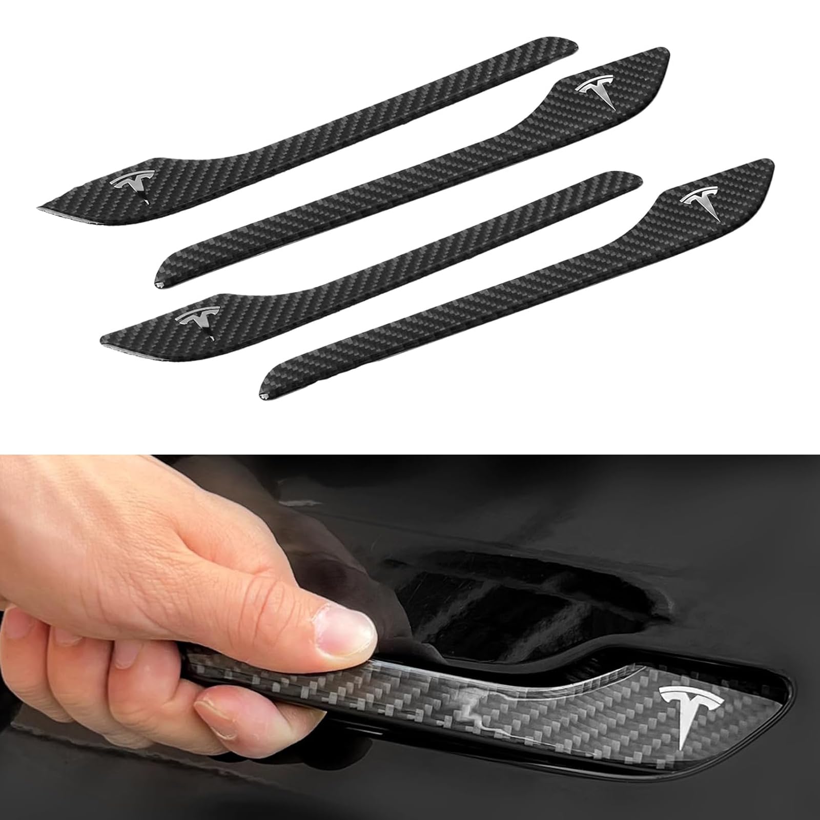 4PCS Door Handle Cover Compatible with Tesla Model 3 (2019-2025) Highland Model Y (2020-2026) Juniper Real Carbon Fiber 3D Sticker Wrap Covers Exterior Trim Door Sill Protector Accessories (Black)