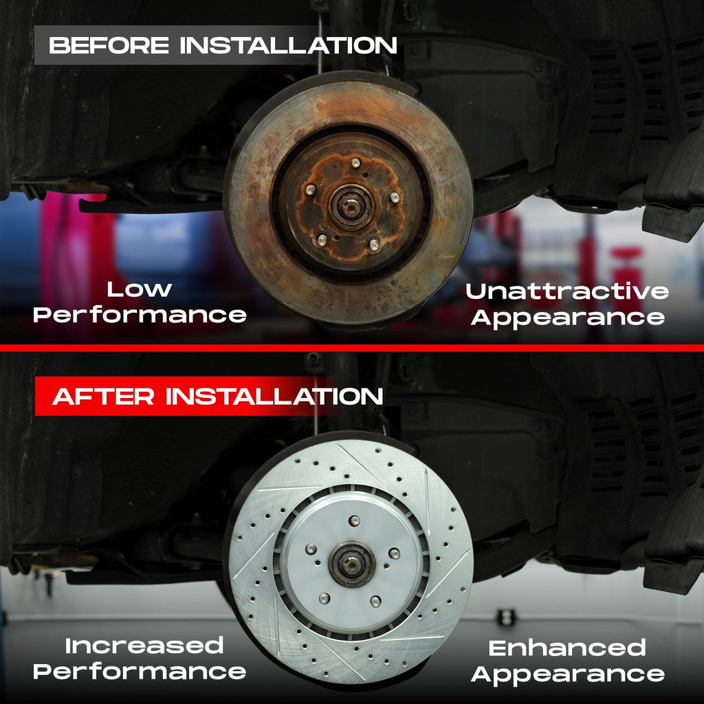 R1 Concepts Front and Rear Brake Kit For 2014-2020 Tesla S, 2016-2020 Tesla X| Drilled Slotted Brake Rotors| Semi-Metallic Brake Pads and Rotors Kit| Hardware included