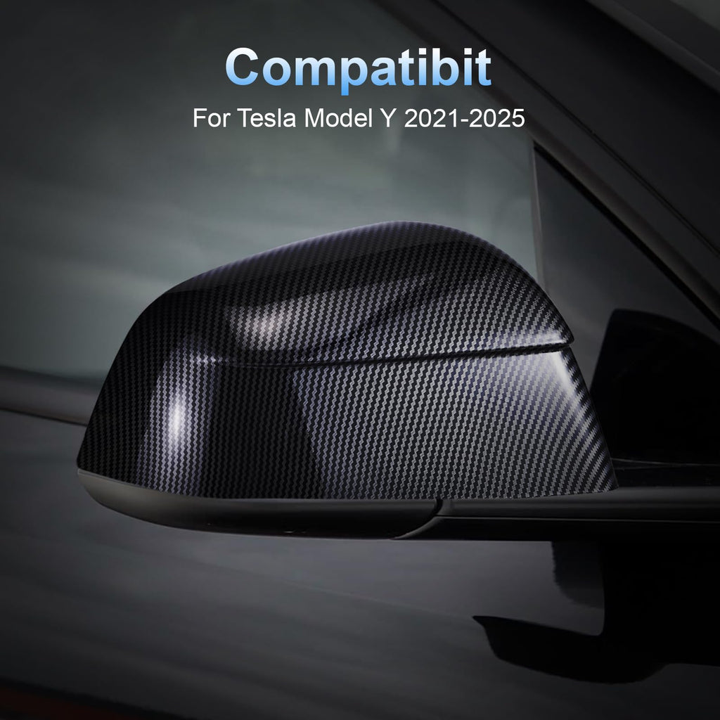 Compatible with Tesla Model Y Side Mirror Cover Caps 2021-2025 (Incl. Juniper),2-Piece Aerodynamic Wind Blade Cover Set,Easy Install & Anti-Scratch Protector(Carbon Fiber Style)