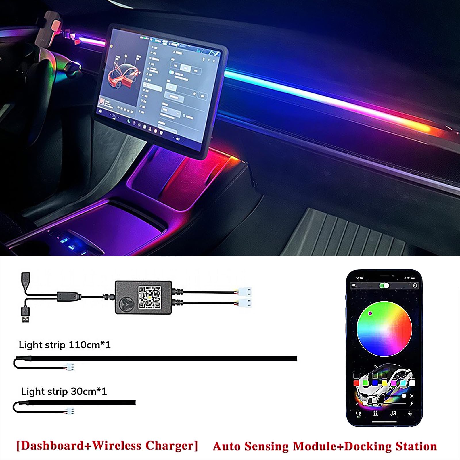 LED Car Ambient Lighting Strip for Tesla High Brightness with APP Control Multiple Colors and Car LED Strip Lighting Neon Lights for Model 3/Y (Dashboard& Center Console)