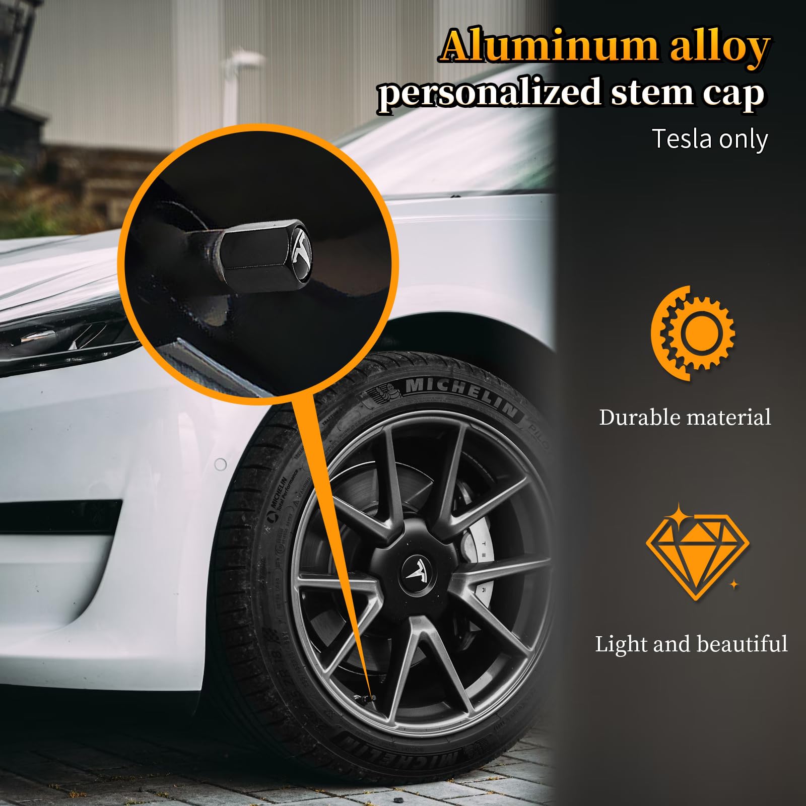 Eaglewireless 5 Pack Tire Valve Stem Caps Leakproof Aluminum Chrome Tire Valve Caps with Rubber O-Rings Compatible with for Tesla Model 3, S, X, Y (White Logo)