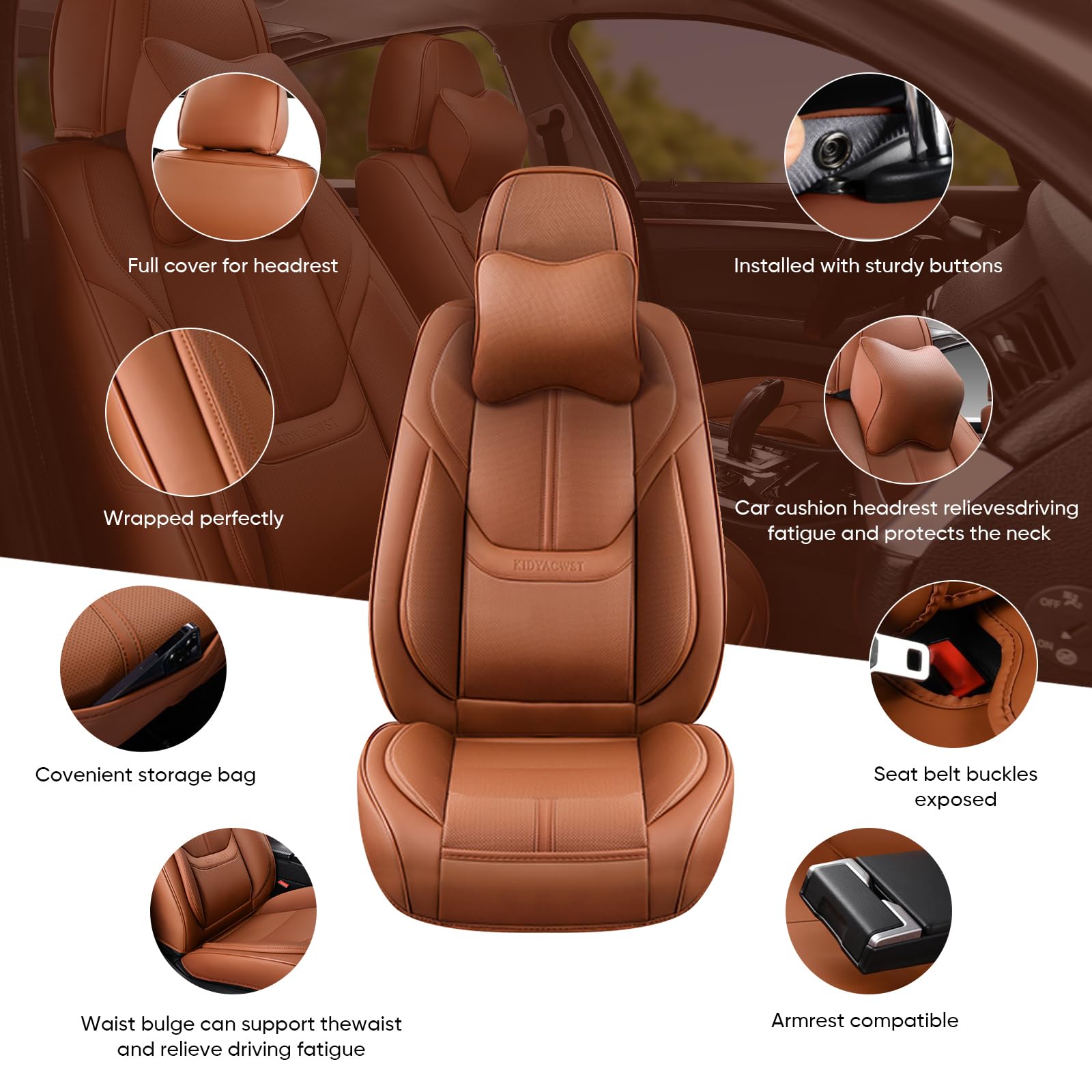 KIDYACWST Auto Car Seat Covers Accessories Full Set Leather Cushion Protector Breathable Waterproof Seat Cover for Cars Universal Fit (Brown, Front Pair and Rear)
