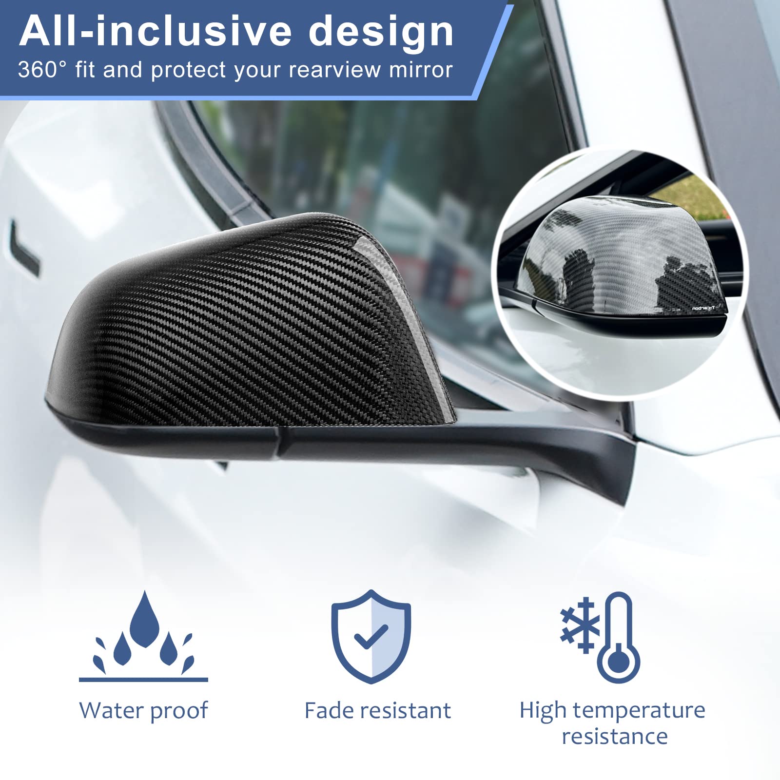 Real Carbon Fiber Side Mirror Cover Compatible with Tesla Model 3 Sedan 2017-2025, T-carbon Rearview Cover Compatible with Tesla Model 3 Exterior Mirror Caps Accessories (Black)