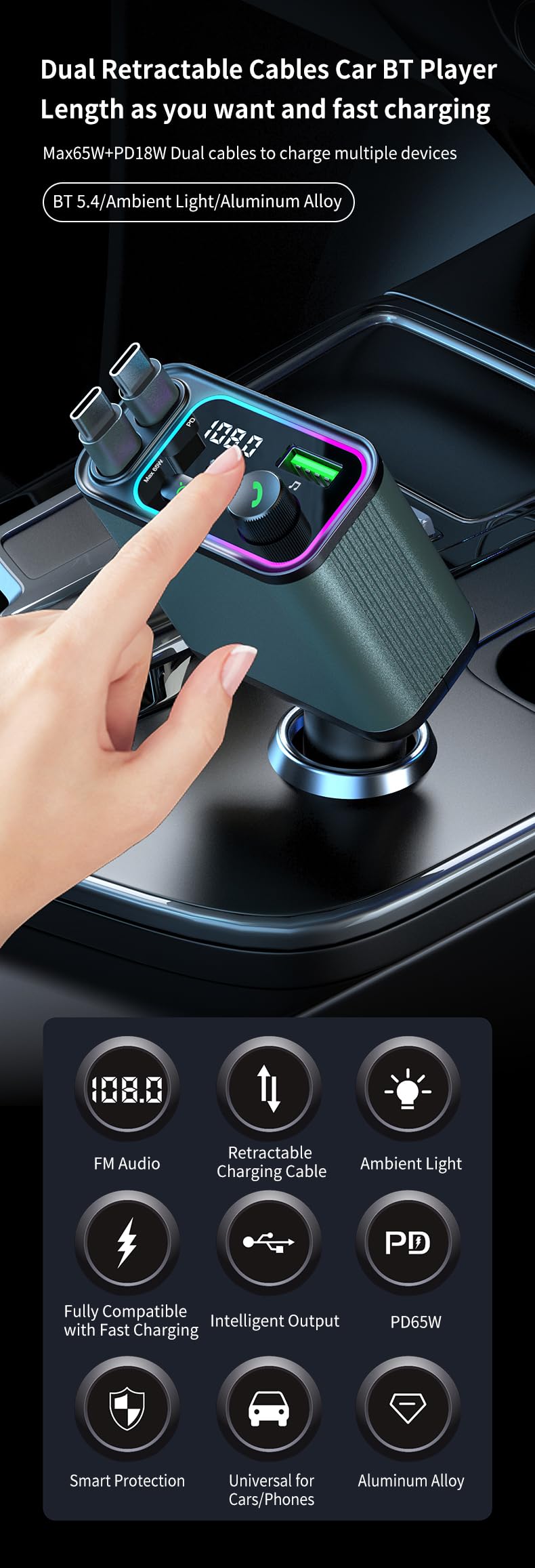 GXY KIT 3 in 1 Retractable Car Charger Adapter & FM Transmitter Bluetooth Mp3 Player- Max 65W + 18W with 2 PD Fast Charging,2 Retractable Cables & USB-A Music Playback for iPhone,iPad,Samsung,Pixel