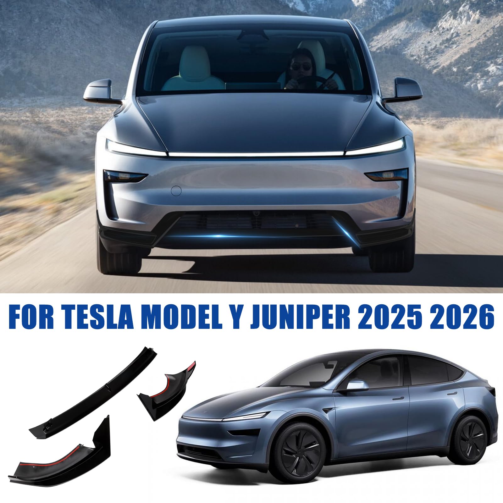 FormiPow Front Bumper Lip for 2025 2026 Tesla Model Y Juniper, 3-Piece ABS Front Splitter Bumper Lip, Aerodynamic Stability, No-Drill Model Y Juniper Accessories (Glossy Black)