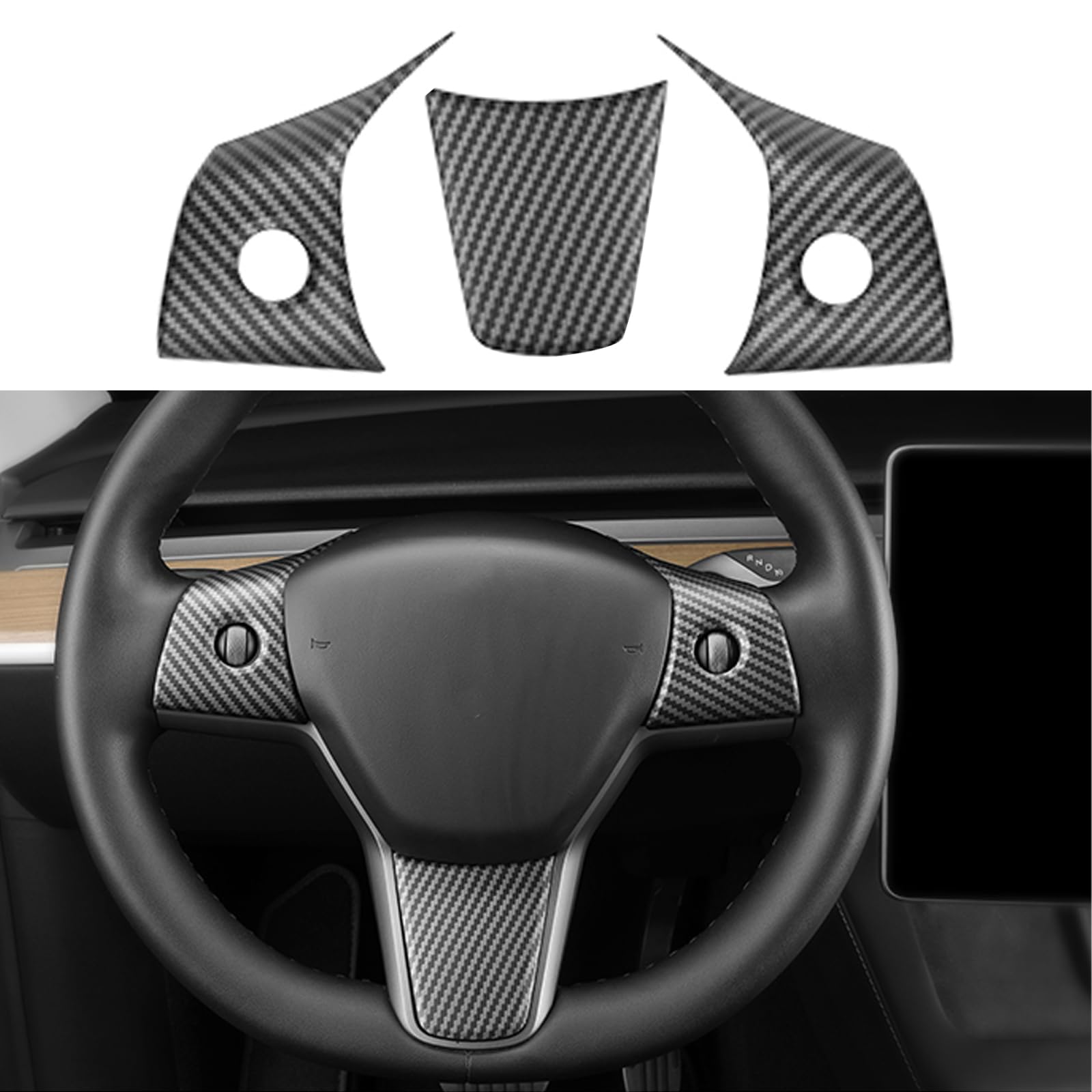 YHCDSEA Steering Wheel Trim Cover for Tesla Model 3/Y, Interior Accessories Compatible with Tesla Model 3 Model Y (A-Matt Carbon Fiber Pattern)