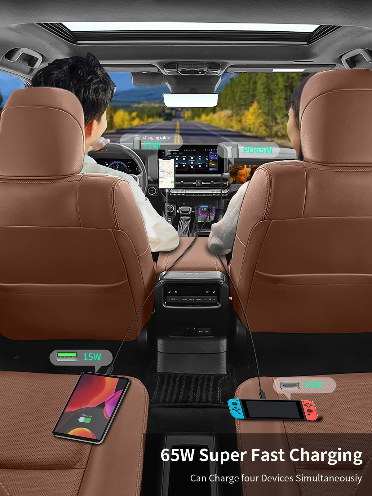 GXY KIT 3 in 1 Retractable Car Charger Adapter & FM Transmitter Bluetooth Mp3 Player- Max 65W + 18W with 2 PD Fast Charging,2 Retractable Cables & USB-A Music Playback for iPhone,iPad,Samsung,Pixel