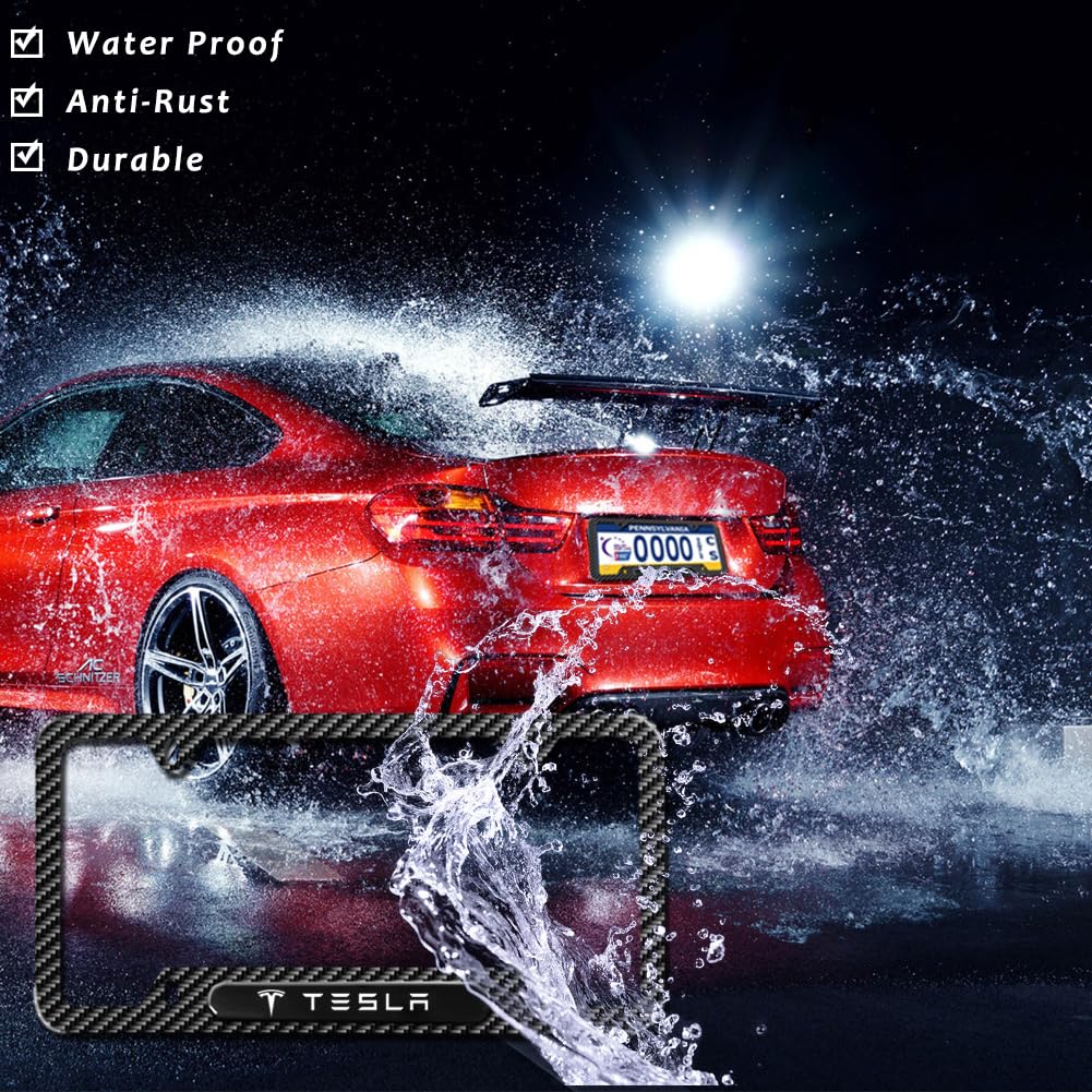 Carbon Fiber License Plate Frames for Tesla Model 3,Model Y,Model X,Model S, 2 Piece Weather Resistant Aluminum Alloy Black License Plate Holder with Screw Caps Cover