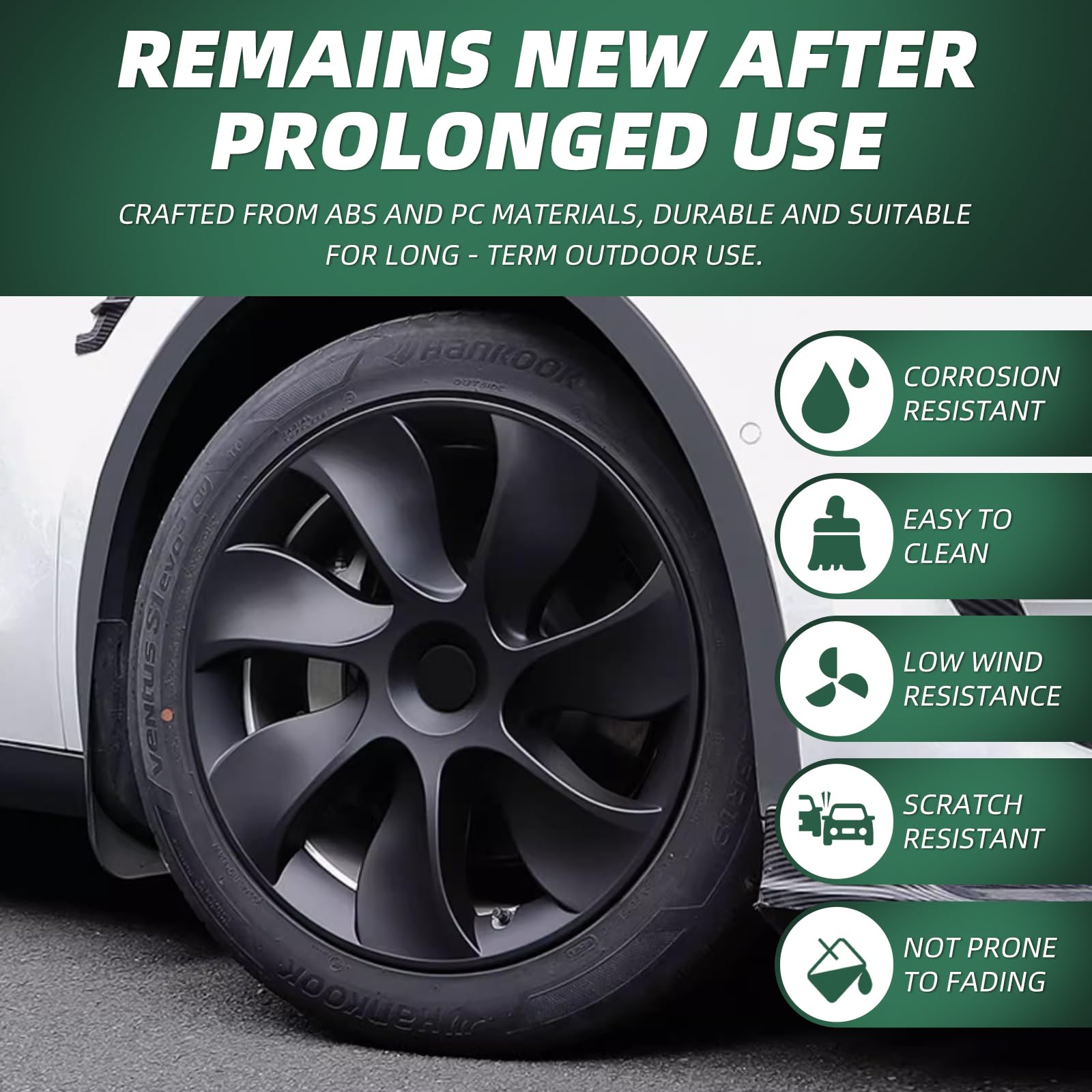 Tesla Model Y Wheel Covers, 19 Inch, 4-Piece Set, Matte Black ABS, Snap-in Installation, 2020-2024 Compatible