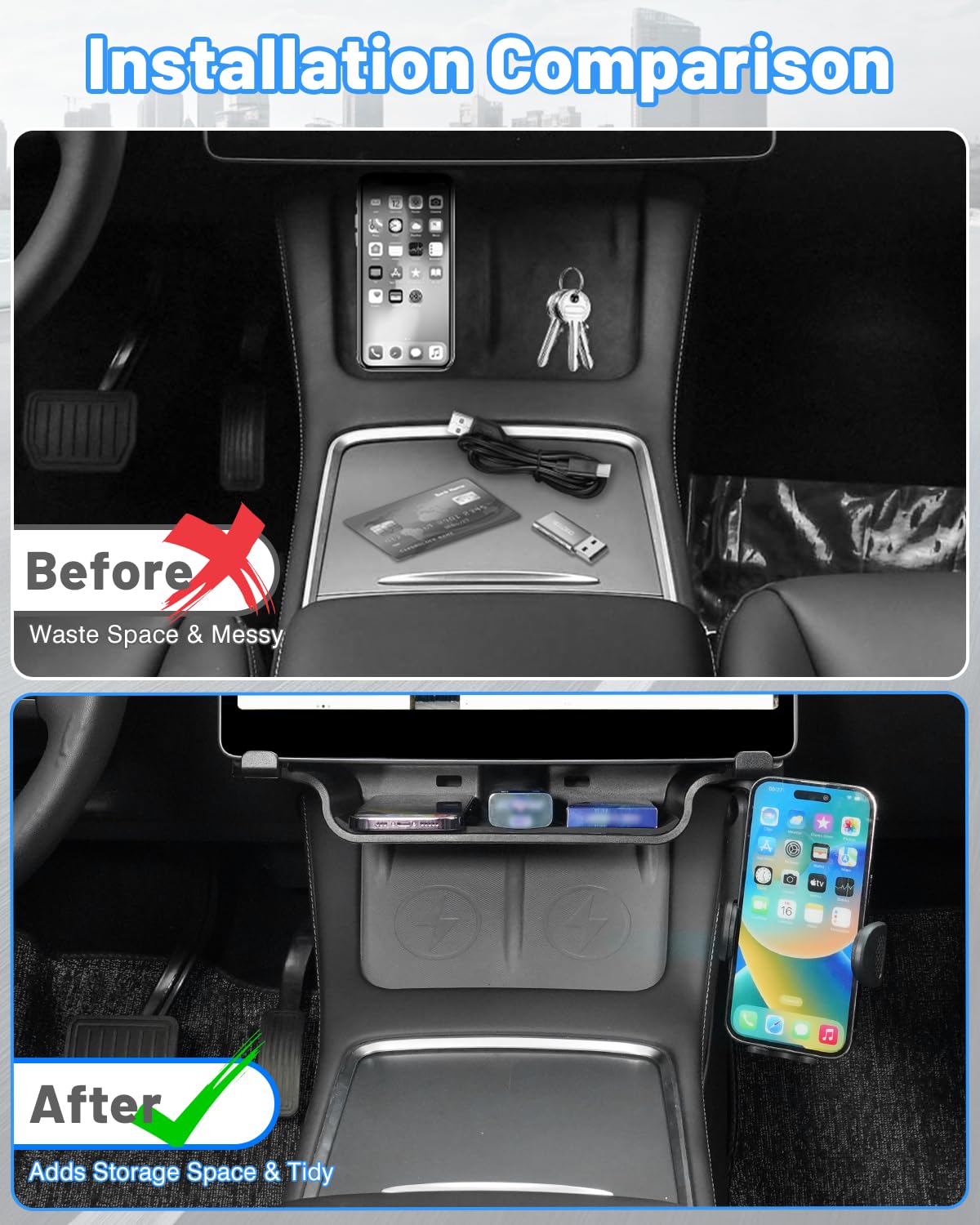 Shademax Under Screen Storage Tray with Phone Holder for Tesla Model 3/Model Y 2025 2024 2023 2022 2021 Center Console Organizer Storage Box Waterproof ABS Model 3 / Y Accessories Black 1PCS