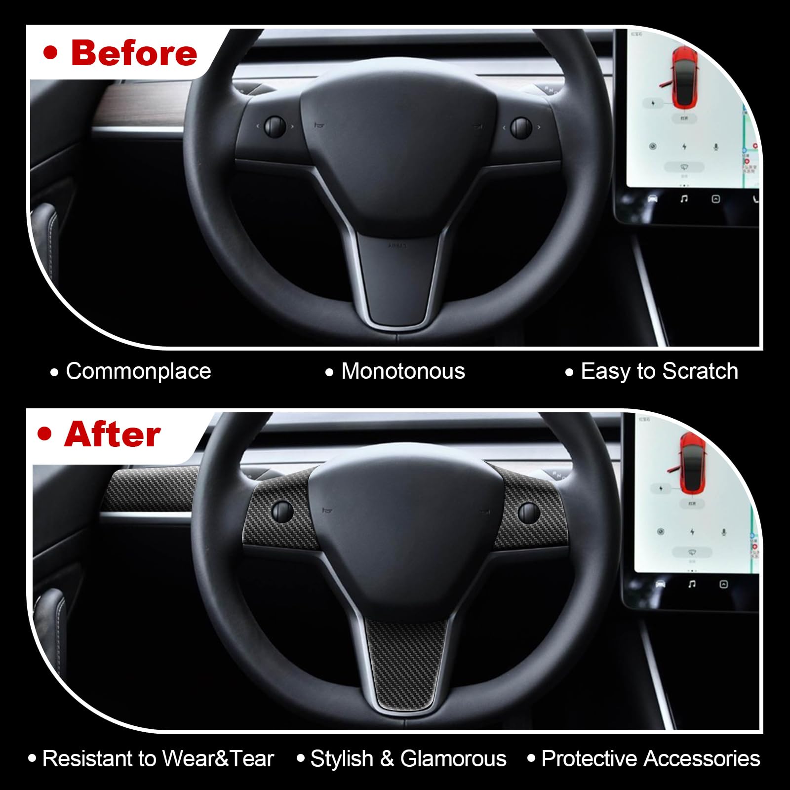 Fancemot 9 PCS Carbon Fiber Interior Decor Trim Cover Kit Compatible with 2021-2023 Tesla Model 3 & 2019-2024 Model Y, Dashboard Cover Door Panel Cover Steering Lever Cover Steering Wheel Cover