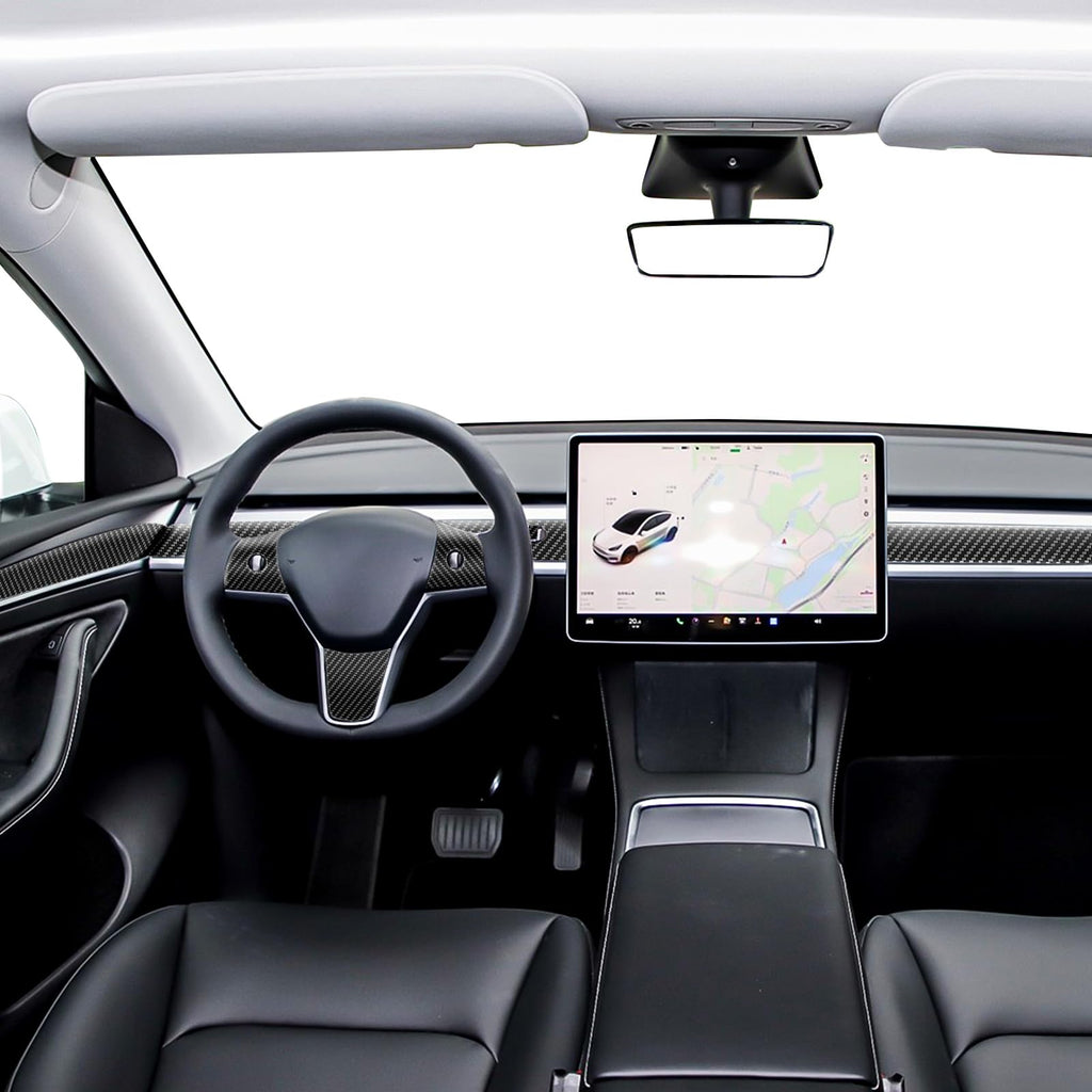 Fancemot 9 PCS Carbon Fiber Interior Decor Trim Cover Kit Compatible with 2021-2023 Tesla Model 3 & 2019-2024 Model Y, Dashboard Cover Door Panel Cover Steering Lever Cover Steering Wheel Cover