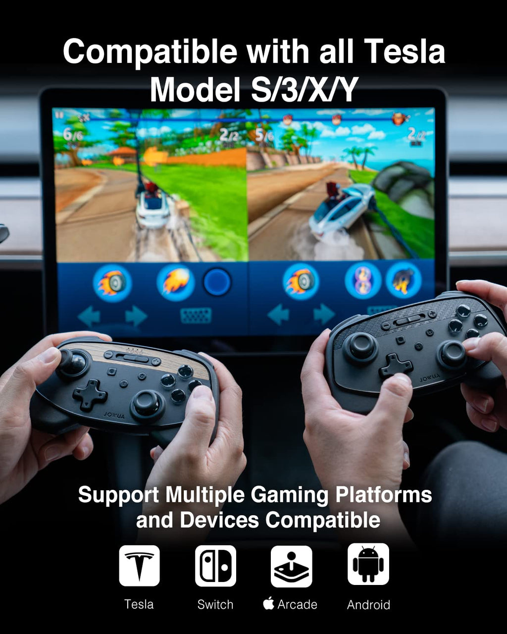 Jowua Multi-Device Wireless Controller Compatible for Tesla 2025 New Model Y Model 3/Y/S/X/cybertruck Compatible for Switch, one controller set, SPECIAL PROGRAMMED and DESIGN FOR TESLA WOOD [nintendo_switch,windows,ios,android]