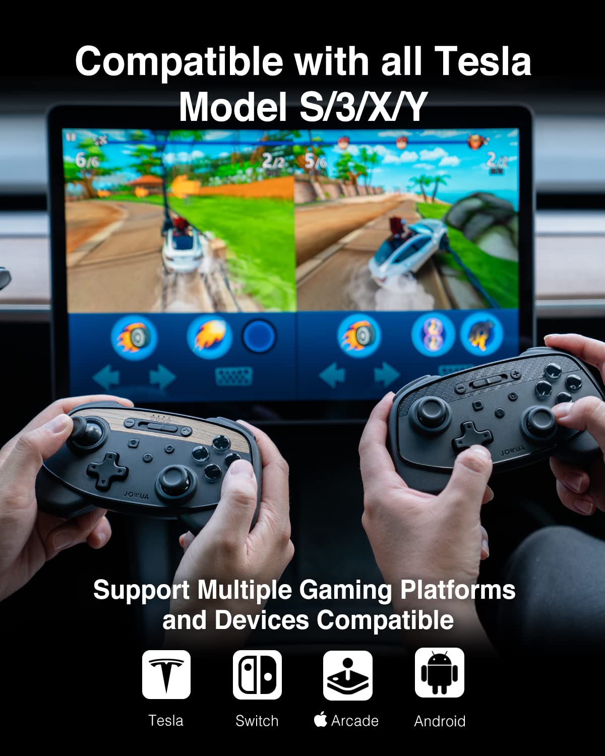 Jowua Multi-Device Wireless Controller Compatible for Tesla 2025 New Model Y Model 3/Y/S/X/cybertruck Compatible for Switch, one controller set, SPECIAL PROGRAMMED and DESIGN FOR TESLA WOOD [nintendo_switch,windows,ios,android]