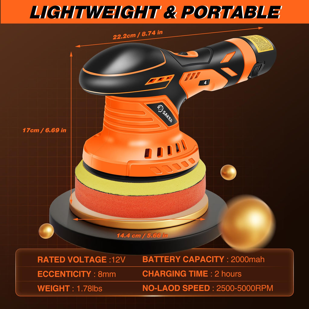 Saker Cordless Buffer Polisher, 6 Inch Fast Charging Portable Car Polishing Kit with 2PCS 12V 2000mAh Batteries, Polisher for Car Detailing Polishing Waxing (Orange, Buffer Polisher+2 Batteries+1 Bag)