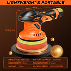 Saker Cordless Buffer Polisher, 6 Inch Fast Charging Portable Car Polishing Kit with 2PCS 12V 2000mAh Batteries, Polisher for Car Detailing Polishing Waxing (Orange, Buffer Polisher+2 Batteries+1 Bag)