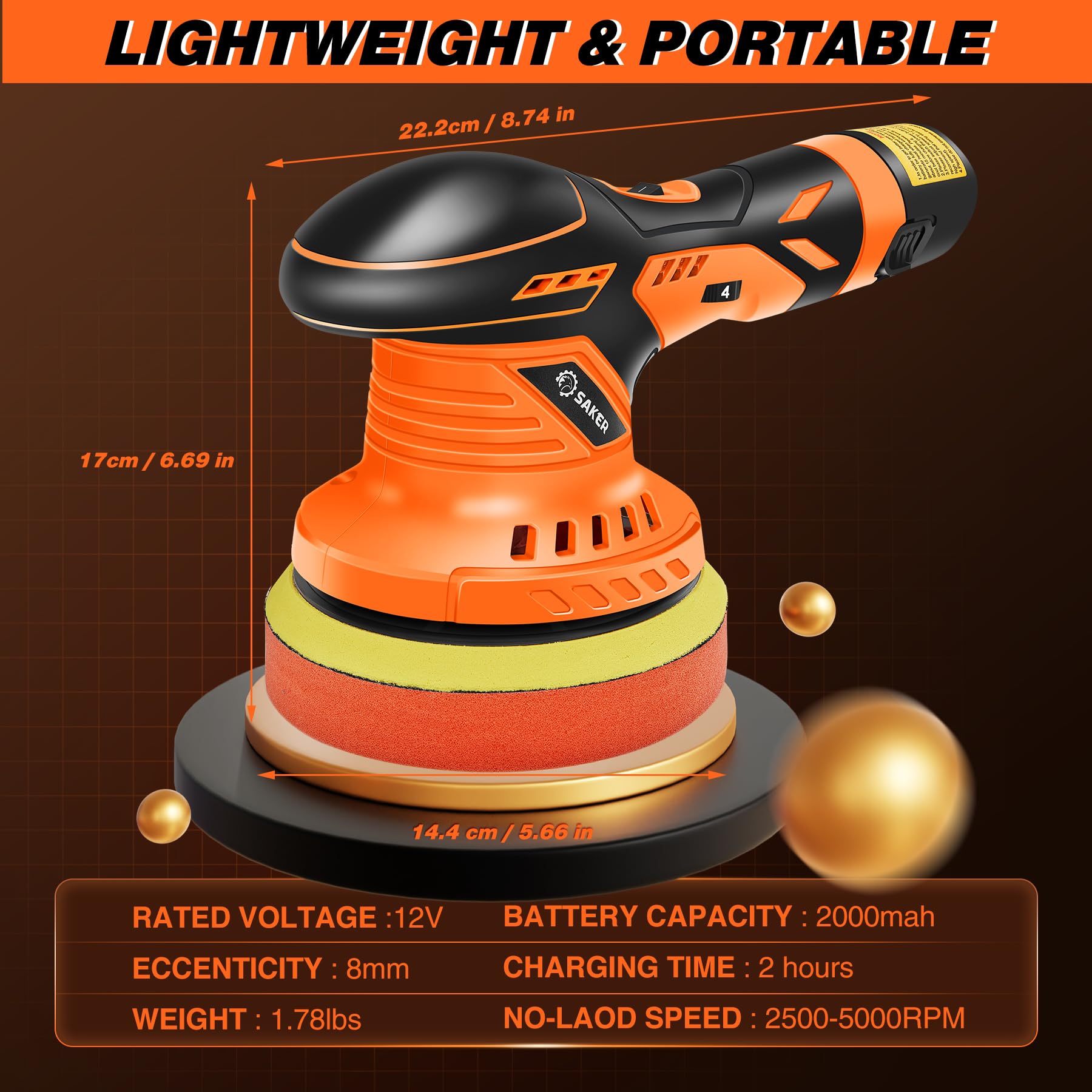 Saker Cordless Buffer Polisher, 6 Inch Fast Charging Portable Car Polishing Kit with 2PCS 12V 2000mAh Batteries, Polisher for Car Detailing Polishing Waxing (Orange, Buffer Polisher+2 Batteries+1 Bag)