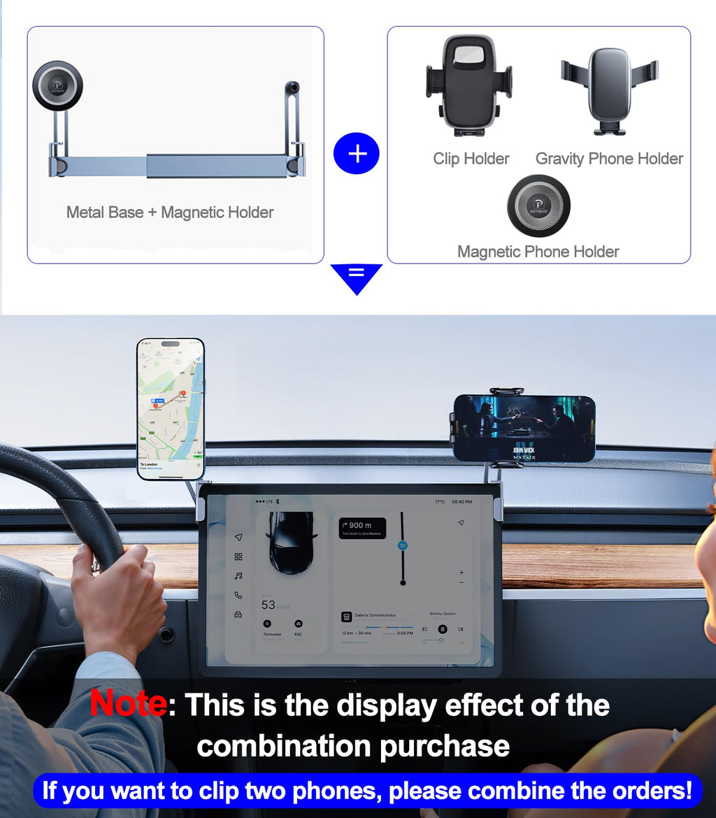 DICMKY Dual Head Tesla Phone Mount Model Y/3 2026 2025 2024 2023 2022 2021, [Magnetic/Clip] Car Accessories for Tesla Screen Phone Holder Stand, (Fit for Tesla Model Y(Juniper)/3(Highland))
