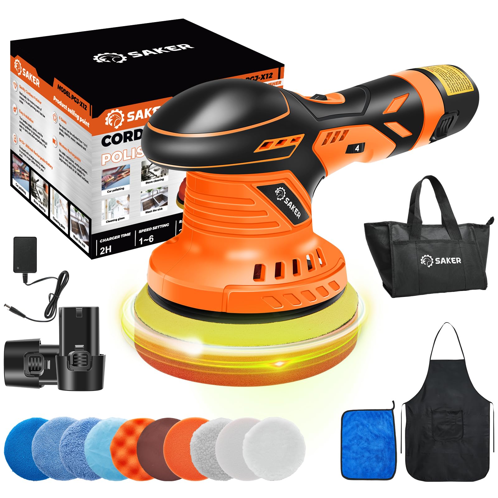 Saker Cordless Buffer Polisher, 6 Inch Fast Charging Portable Car Polishing Kit with 2PCS 12V 2000mAh Batteries, Polisher for Car Detailing Polishing Waxing (Orange, Buffer Polisher+2 Batteries+1 Bag)