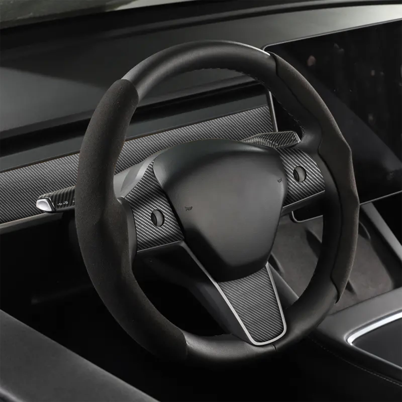 Fancemot 9 PCS Carbon Fiber Interior Decor Trim Cover Kit Compatible with 2021-2023 Tesla Model 3 & 2019-2024 Model Y, Dashboard Cover Door Panel Cover Steering Lever Cover Steering Wheel Cover