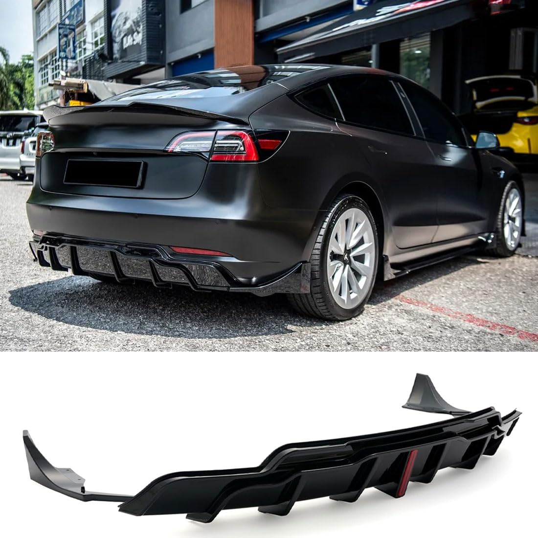 Kinautex Rear Rear Bumper Diffuser Lip Splitter Spoiler for 2017-2023 Tesla Model 3 Led Light Style