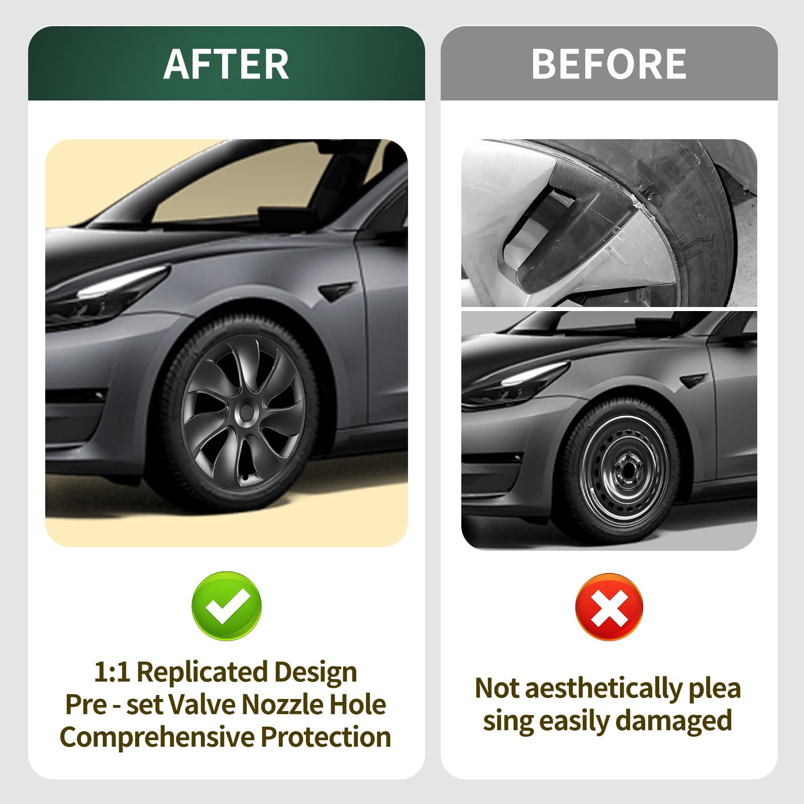 Tesla Model Y Wheel Covers, 19 Inch, 4-Piece Set, Matte Black ABS, Snap-in Installation, 2020-2024 Compatible