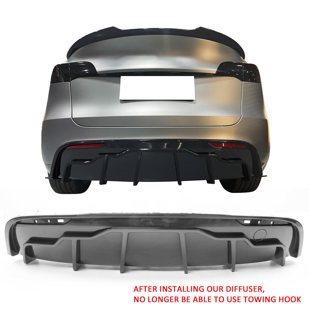 IKON MOTORSPORTS, Rear Diffuser Compatible with 2020-2024 Tesla Model Y, Carbon Fiber Print IKON Style PP Rear Bumper Lip Shark Fin Splitter Replacement 3PC, 2021
