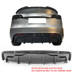 IKON MOTORSPORTS, Rear Diffuser Compatible with 2020-2024 Tesla Model Y, Carbon Fiber Print IKON Style PP Rear Bumper Lip Shark Fin Splitter Replacement 3PC, 2021