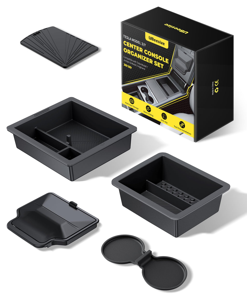 UBeesize Tesla Model Y Juniper Accessories (2025-2026), Center Console Organizer Tray for Model 3 Highland(2024-2025), Double-Layer Sliding Armrest Hidden Storage Box, 5PCS Black