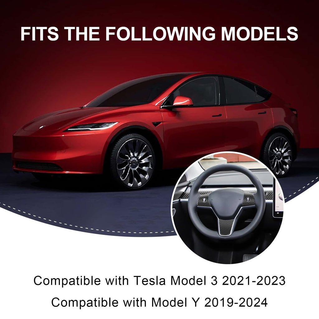 Fancemot 9 PCS Carbon Fiber Interior Decor Trim Cover Kit Compatible with 2021-2023 Tesla Model 3 & 2019-2024 Model Y, Dashboard Cover Door Panel Cover Steering Lever Cover Steering Wheel Cover