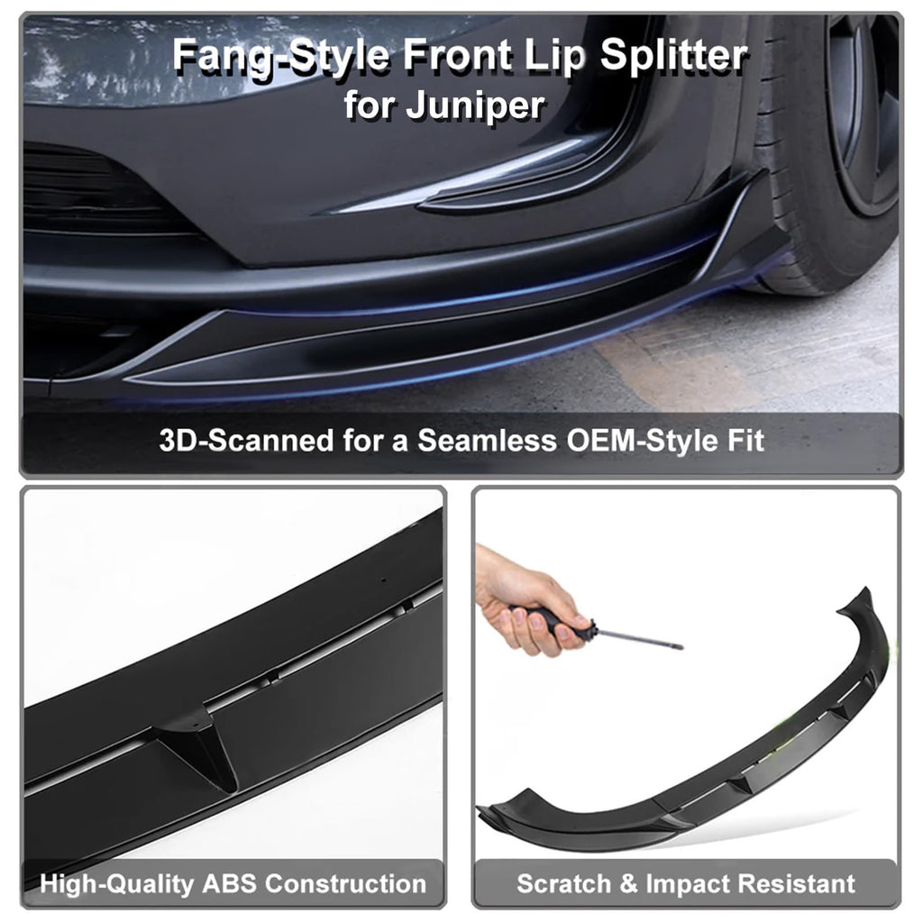 EVBASE Fang-Style Front Lip for Tesla Model Y Juniper 2025-2026, Matte Black ABS Bumper Splitter Body Kit