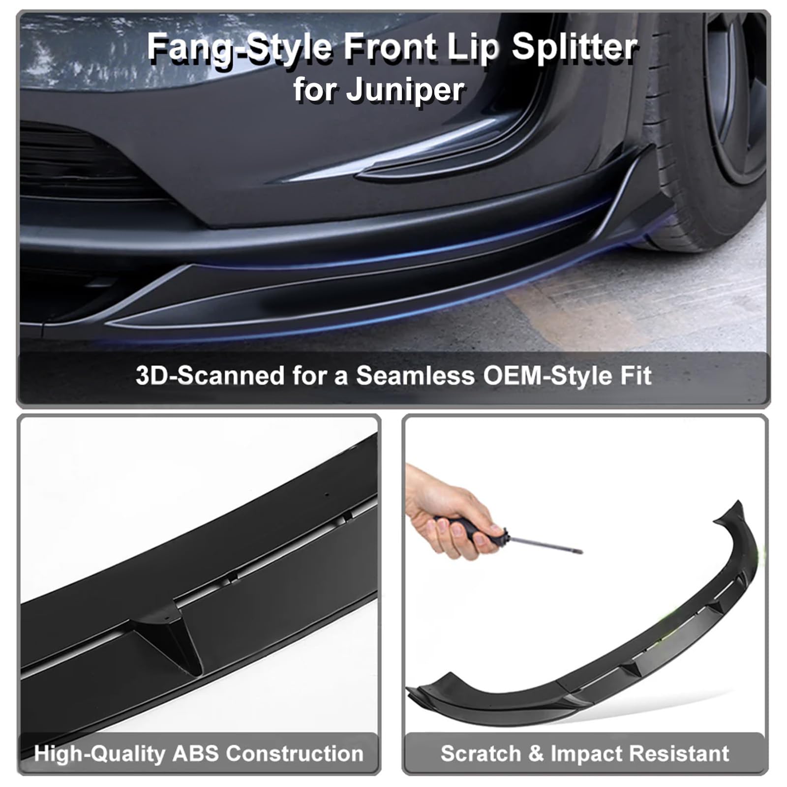 EVBASE Fang-Style Front Lip for Tesla Model Y Juniper 2025-2026, Matte Black ABS Bumper Splitter Body Kit