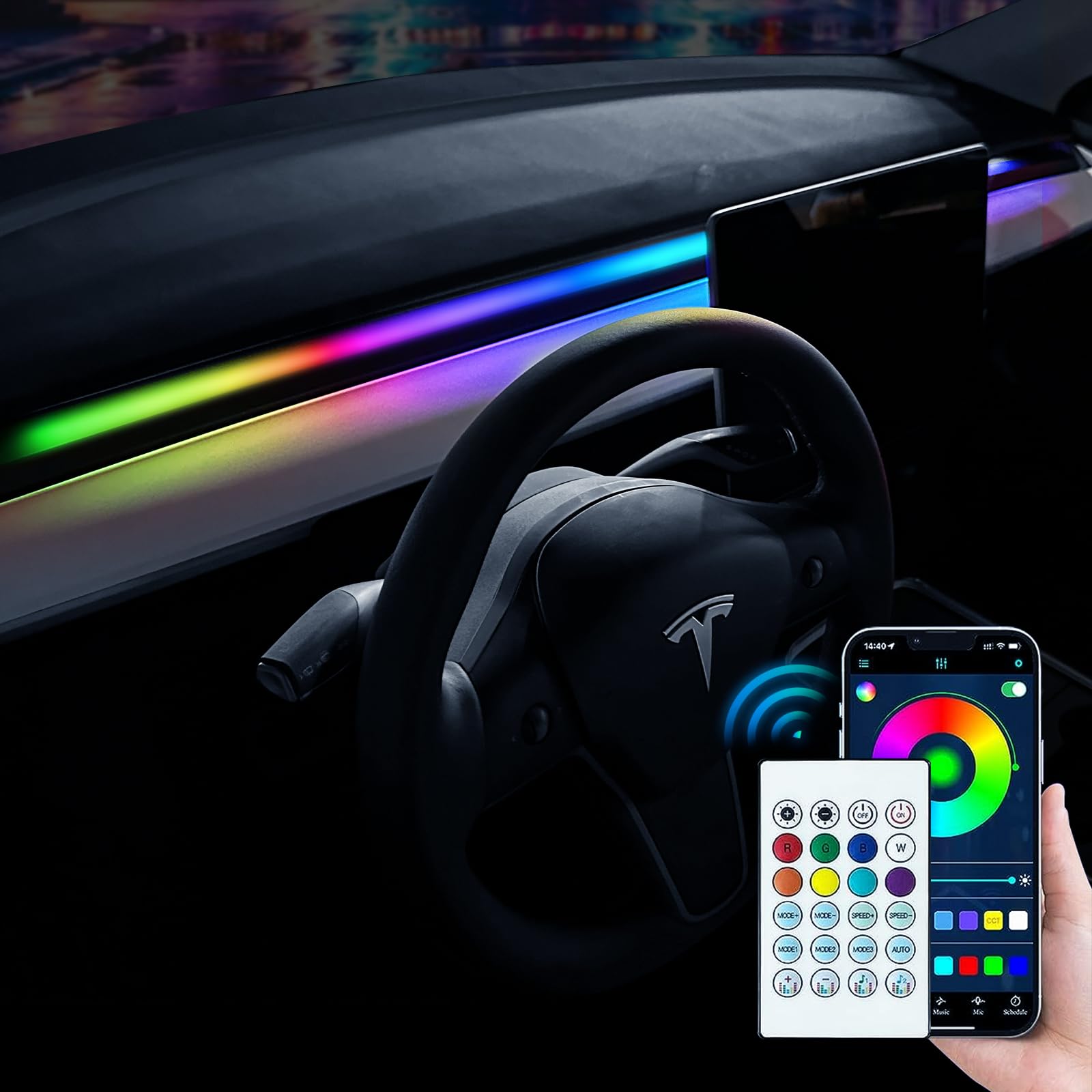 Uxcer 2025-2021 Tesla Model 3/Y Interior Neon Lights for Dashboard, RGBIC Color Changing LED Strip Lights with App & Remote Control,Tesla Model 3/Y Accessories(Not Fit for M3 Highland & My Juniper)