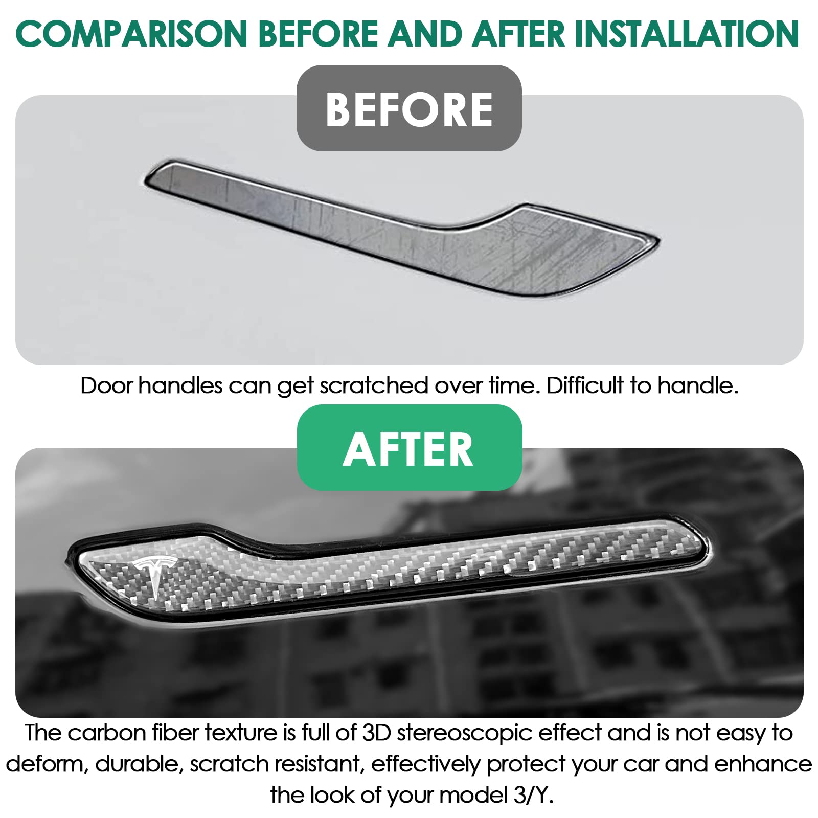 4PCS Door Handle Cover Compatible with Tesla Model 3 (2019-2025) Highland Model Y (2020-2026) Juniper Real Carbon Fiber 3D Sticker Wrap Covers Exterior Trim Door Sill Protector Accessories (Black)