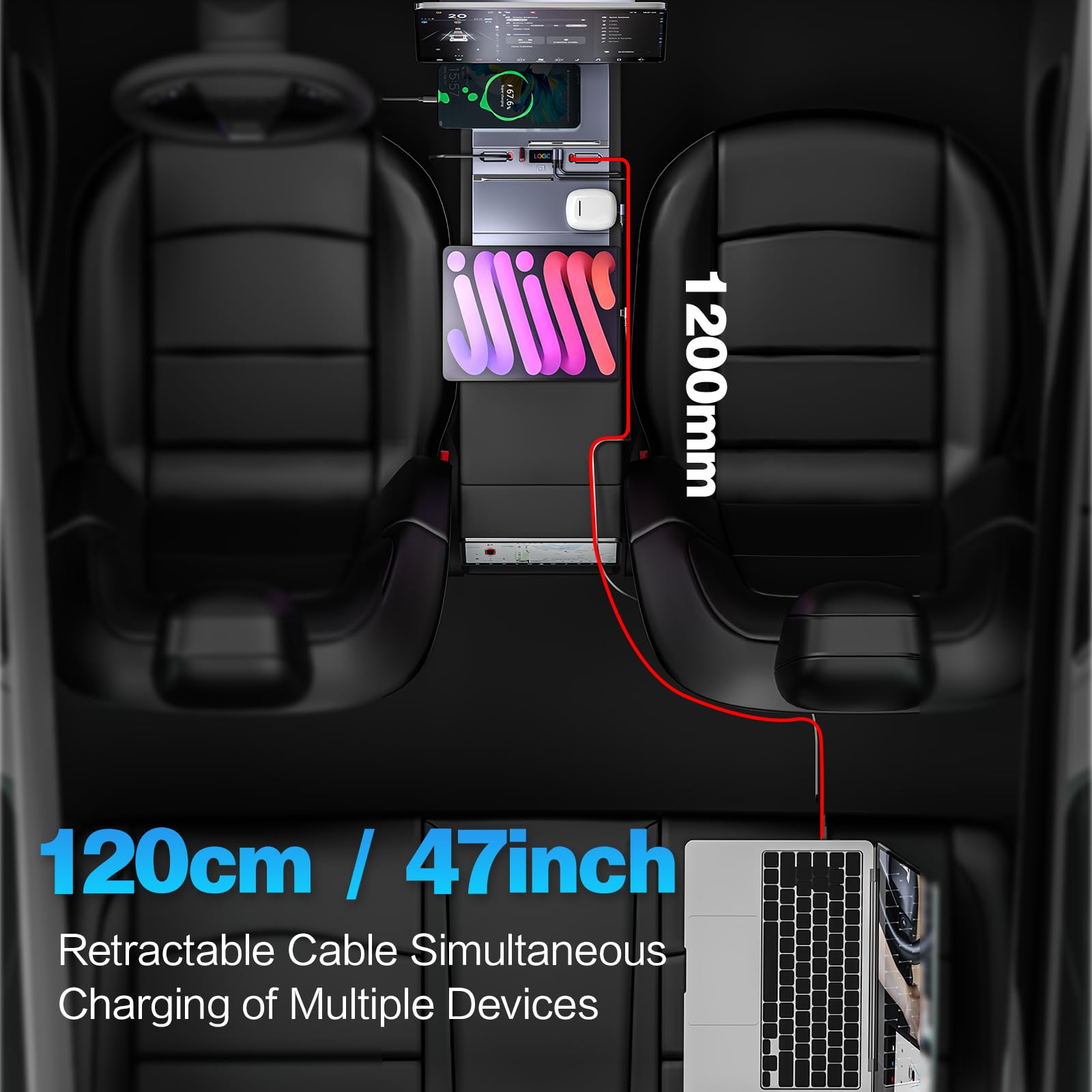 USB Hub for 2025 2026 Tesla Model Y Juniper 2024 2025 Tesla Model 3 Highland, Retractable Cable Fast Car Phone Charger, Tesla Center Console Accessories (Retractable Type-C & Lightning)