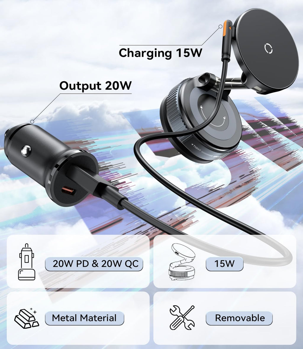 ALAFLY 15W for MagSafe Car Mount Charger, Magnetic Wireless Car Phone Holder for iPhone 17 16 15 14 13 12 Pro Max, 360° Adjustable iPhone Charger for Car with USB C Car Charger Adapter