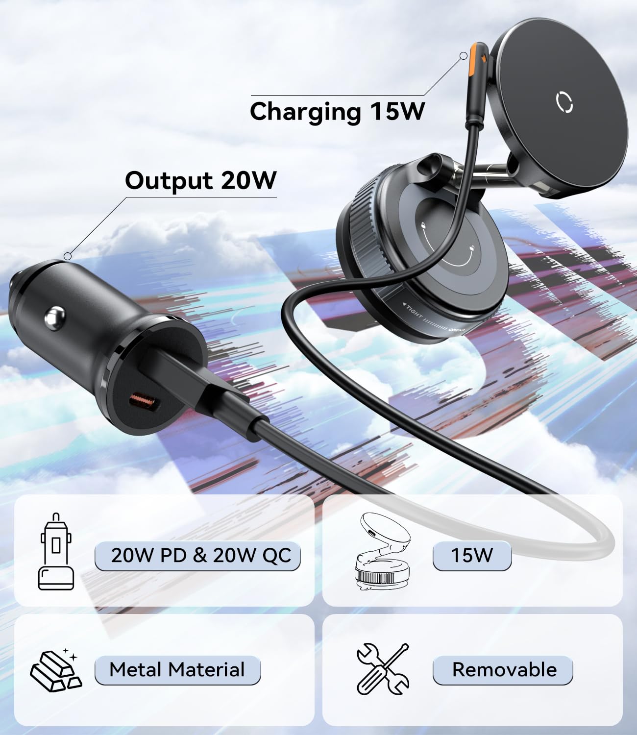 ALAFLY 15W for MagSafe Car Mount Charger, Magnetic Wireless Car Phone Holder for iPhone 17 16 15 14 13 12 Pro Max, 360° Adjustable iPhone Charger for Car with USB C Car Charger Adapter