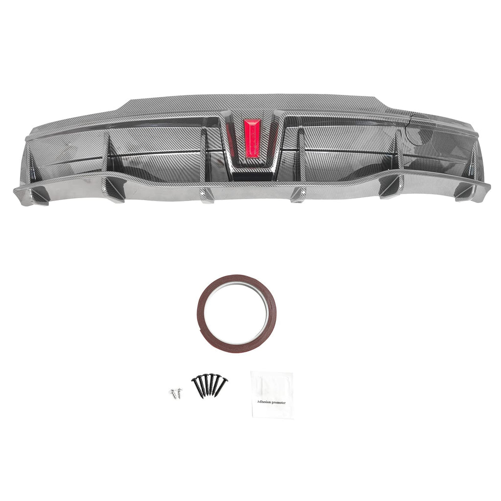 FREEMOTOR802 Rear Diffuser with LED Light Fits 2020-2024 Tesla Model Y, Add-on Carbon Fiber Print PP IKON Style Rear Bumper Molding Protector Lip with LED Lamp