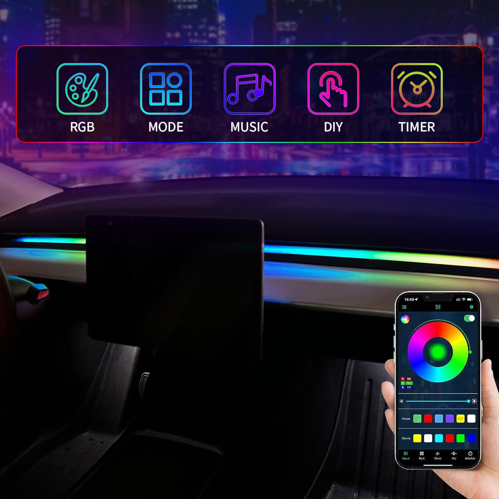 Uxcer 2025-2021 Tesla Model 3/Y Interior Neon Lights for Dashboard, RGBIC Color Changing LED Strip Lights with App & Remote Control,Tesla Model 3/Y Accessories(Not Fit for M3 Highland & My Juniper)