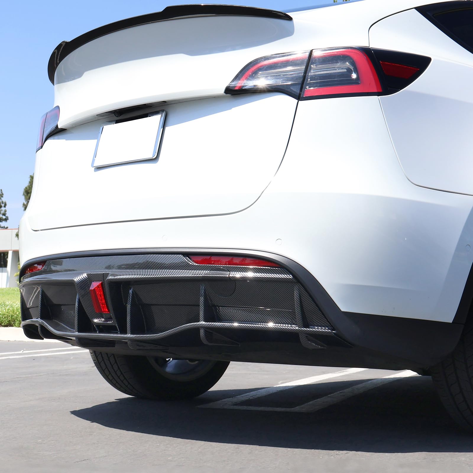 FREEMOTOR802 Rear Diffuser with LED Light Fits 2020-2024 Tesla Model Y, Add-on Carbon Fiber Print PP IKON Style Rear Bumper Molding Protector Lip with LED Lamp