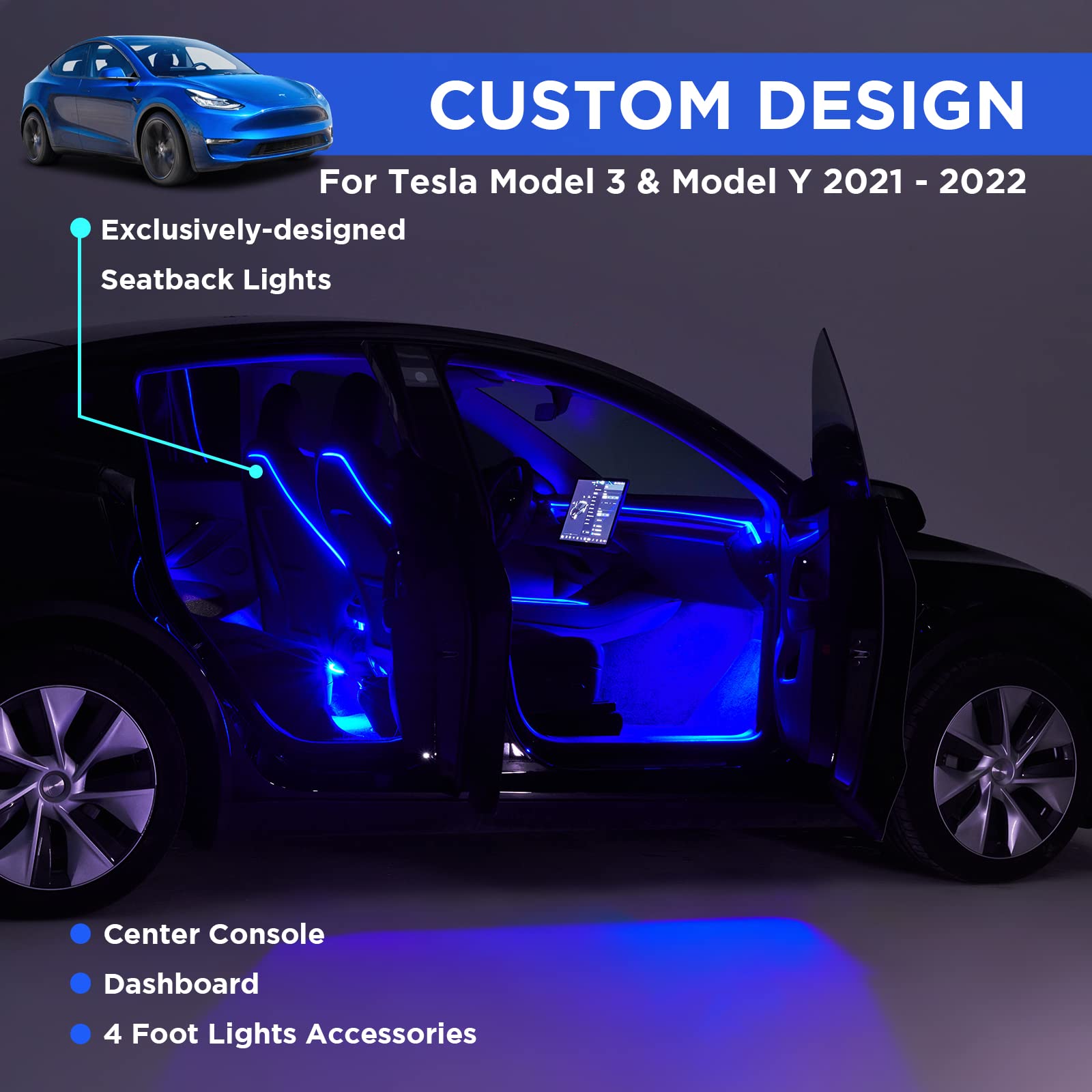 Nestour Interior Car Neon Light Fit for Tesla Model 3 Y 2021 2022 2023 (Center Console+Dashboard+Seat+4 Foot Lights) with Matching Armrest Organizer, Tesla Ambient Lights, APP-Controlled RGB LED