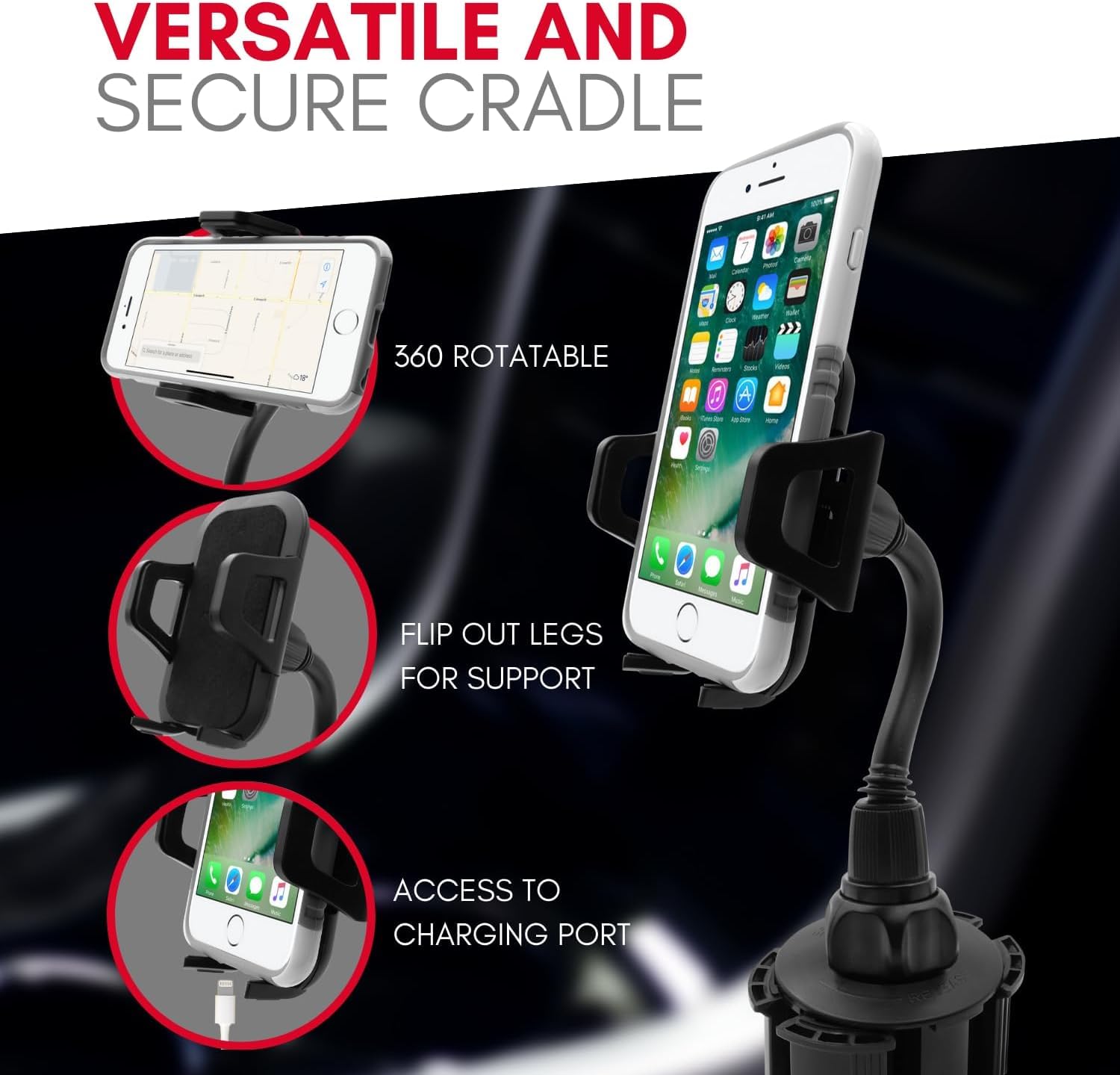 Macally Car Cup Holder Phone Mount - Securely Holds Phones up to 4.1” Wide - Flexible Gooseneck & 360° Rotatable Cradle